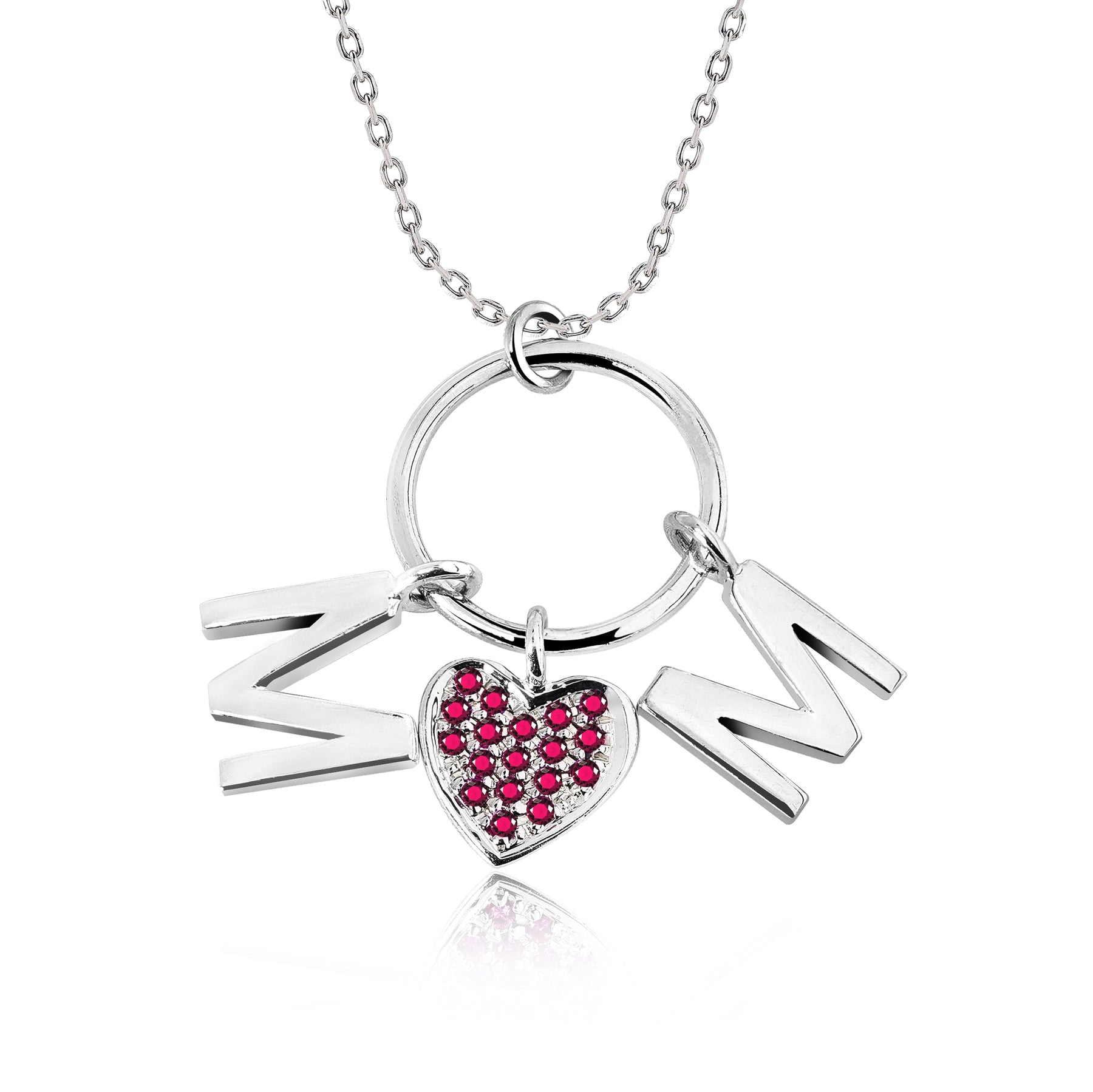 Circle Pendant with MOM Charms Pendant Necklace in 18K White Gold over Silver - Red Stone Embellished - January Birthstone