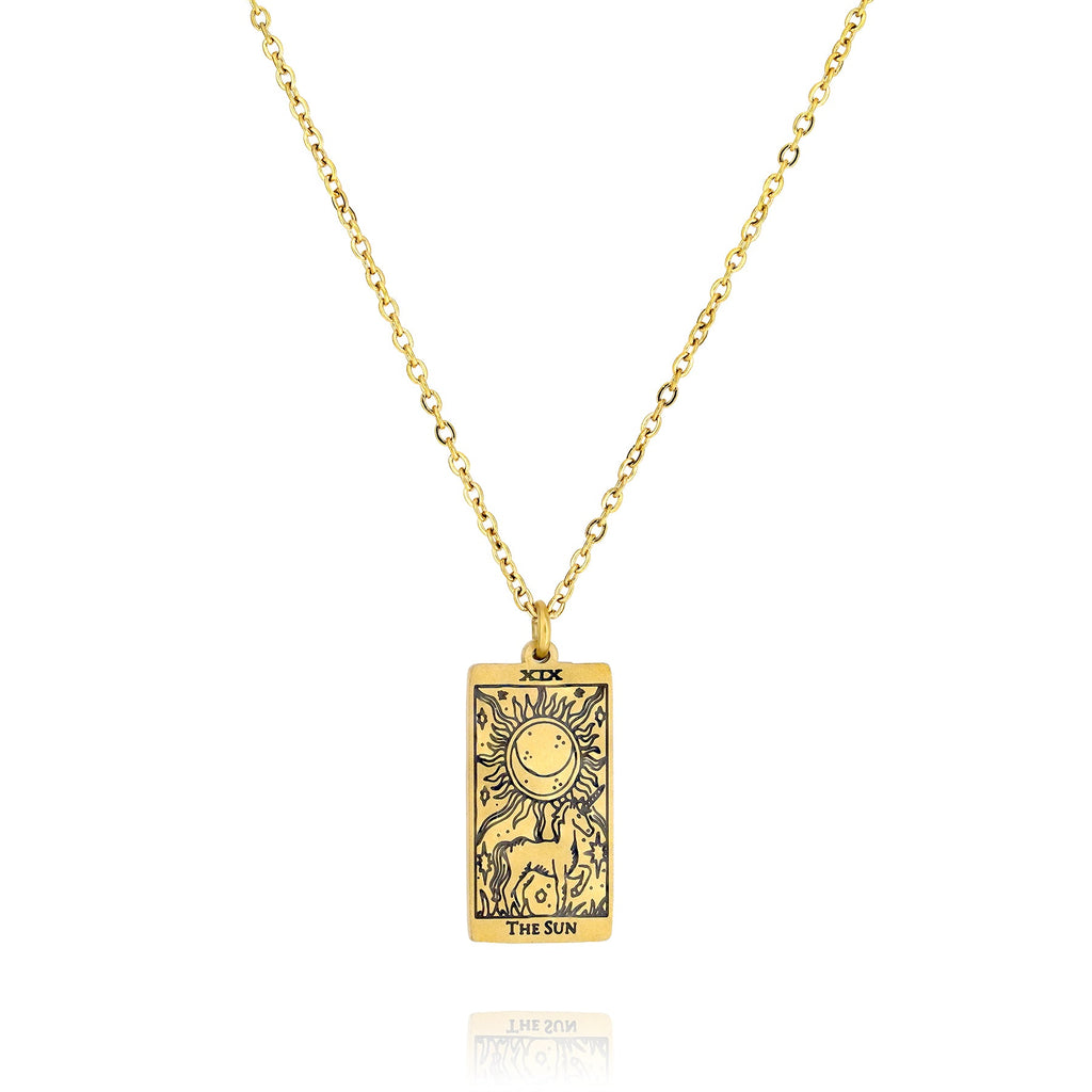 JeenMata Tarot Necklace - The Sun - Customized Tarot Pendant Jewelry for Unisex in Yellow Gold Plated