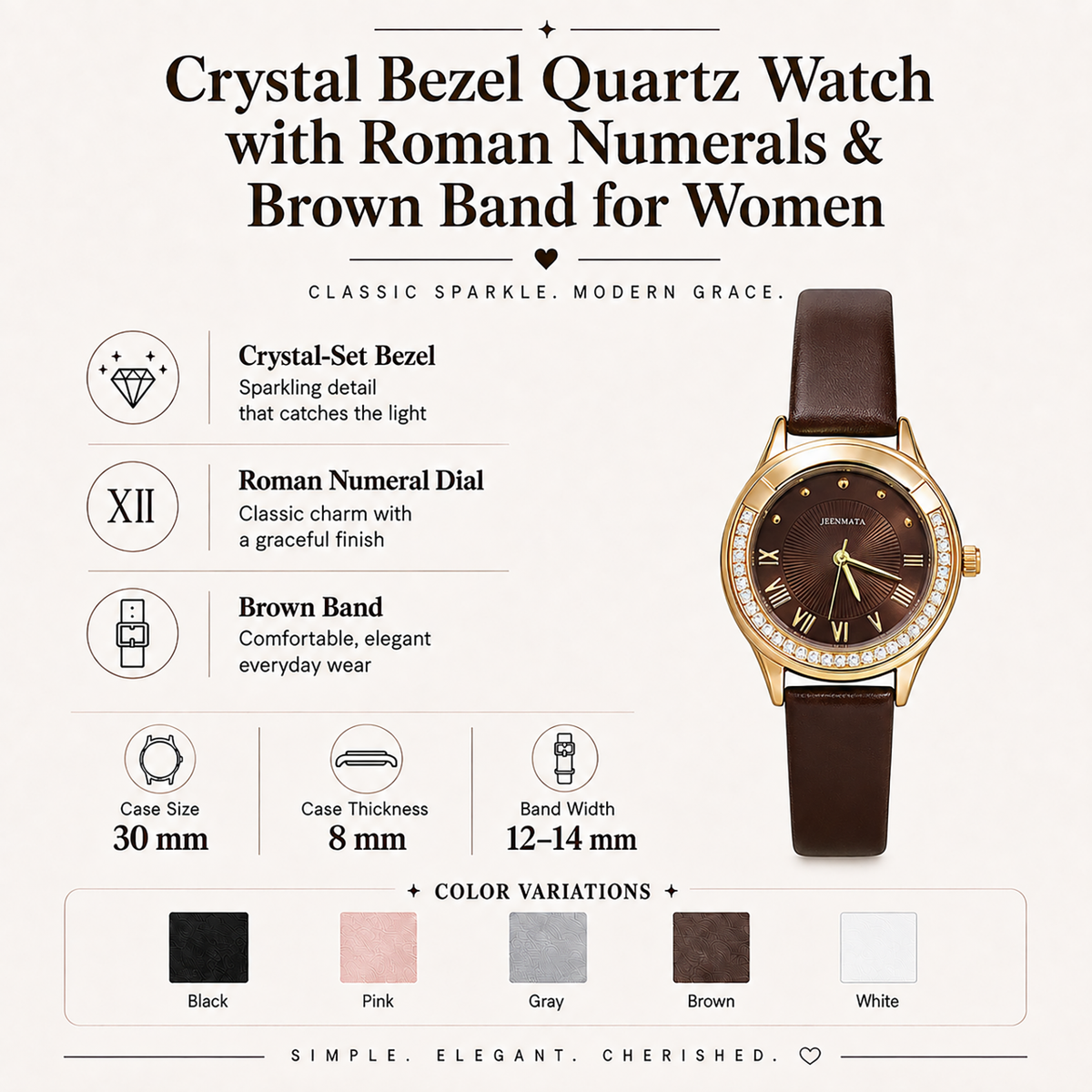 JeenMata Women's Vintage Gold & Brown Watch - Crystal Bezel Gold Case, Deep Brown Dial, Water Resistant Leatherette Wrist Watch