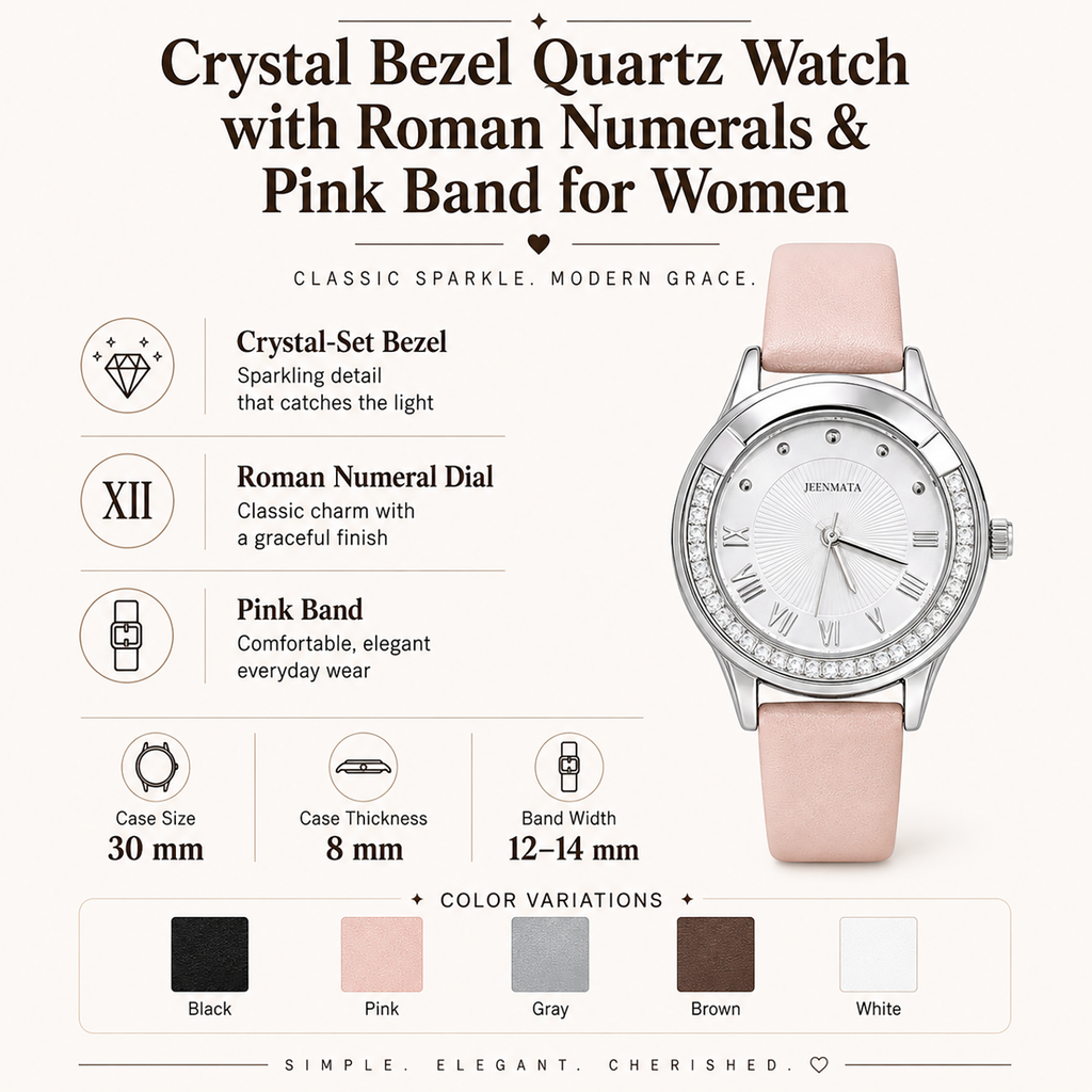 JeenMata Women's Rhinestone Analog Watch - Silver Case with White Dial, Roman Numerals, Water Resistant Soft Pink Strap Wrist Watch
