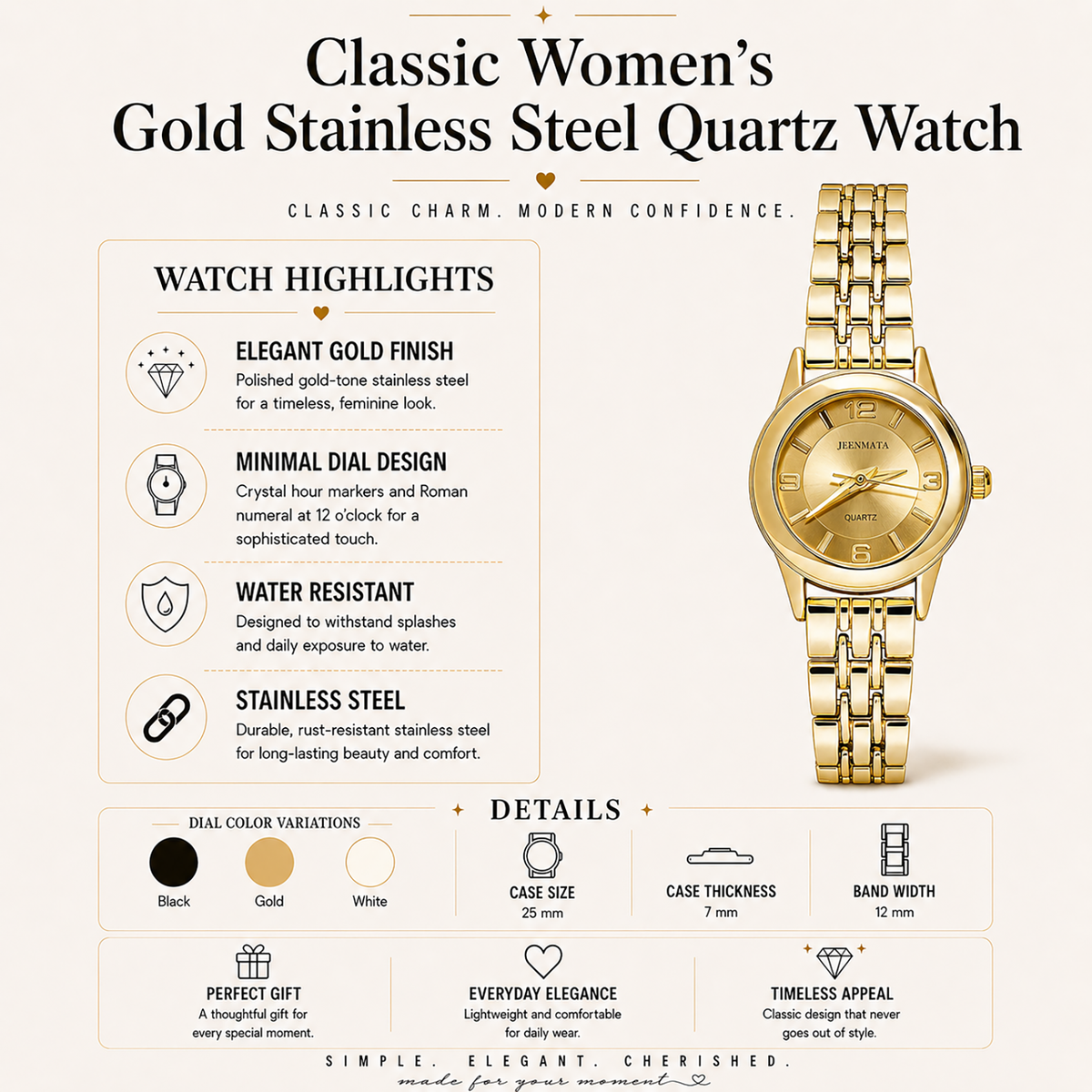 JeenMata Women's All-Gold Classic Watch - Champagne Gold Dial with Crystal Indices, Stainless Steel Bracelet, Water Resistant Quartz Watch