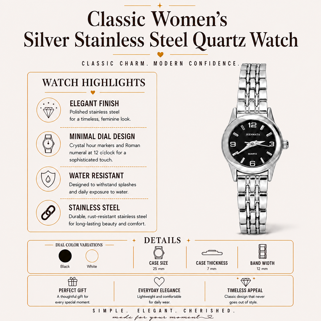 JeenMata Women's Silver & Black Watch - Black Dial with Crystal Markers, Silver Stainless Steel Link Bracelet, Water Resistant Quartz Watch