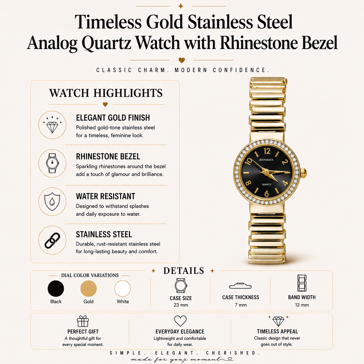 JeenMata Women's Gold & Black Expansion Watch - Black Dial with Rhinestone Bezel, Gold Stainless Steel Stretch Band, Water Resistant