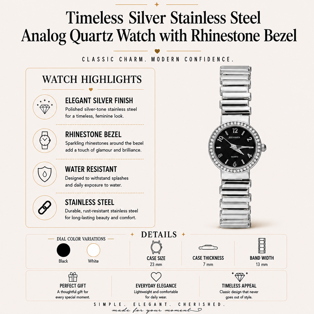 JeenMata Women's Rhinestone Expansion Watch - Silver Stainless Steel Stretch Band, Black Dial with Full Numerals, Water Resistant Quartz Watch
