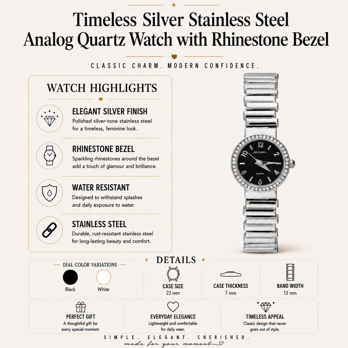 JeenMata Women's Rhinestone Expansion Watch - Silver Stainless Steel Stretch Band, Black Dial with Full Numerals, Water Resistant Quartz Watch