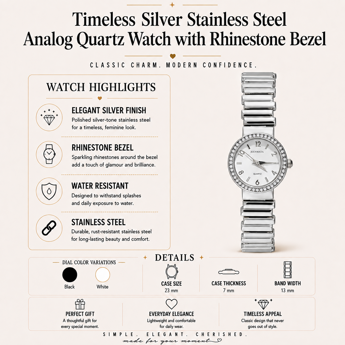 JeenMata Women's Classic Silver Stretch Watch - Crystal Bezel Silver Stainless Steel Expansion Band, White Dial, Water Resistant