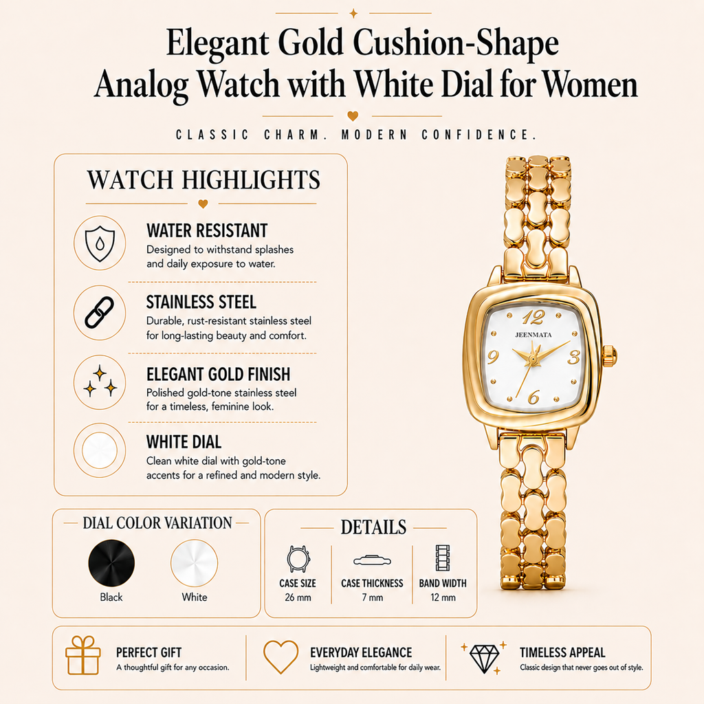 JeenMata Women's Classic Gold Watch - Crisp White Cushion Dial, Gold Stainless Steel Bracelet, Water Resistant Wrist Watch