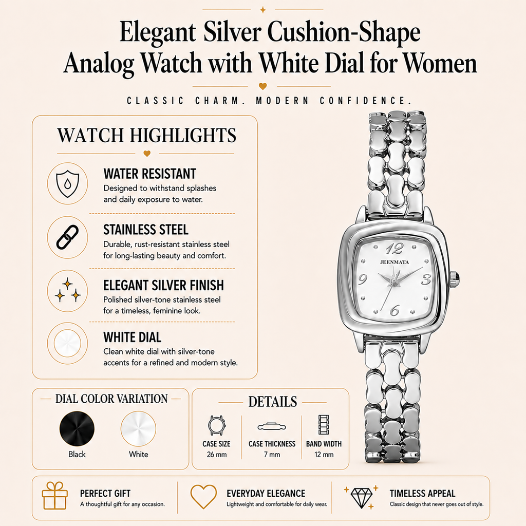 JeenMata Women's Monochrome Silver Watch - White Cushion Dial, Silver Stainless Steel Open-Link Bracelet, Water Resistant Dress Watch