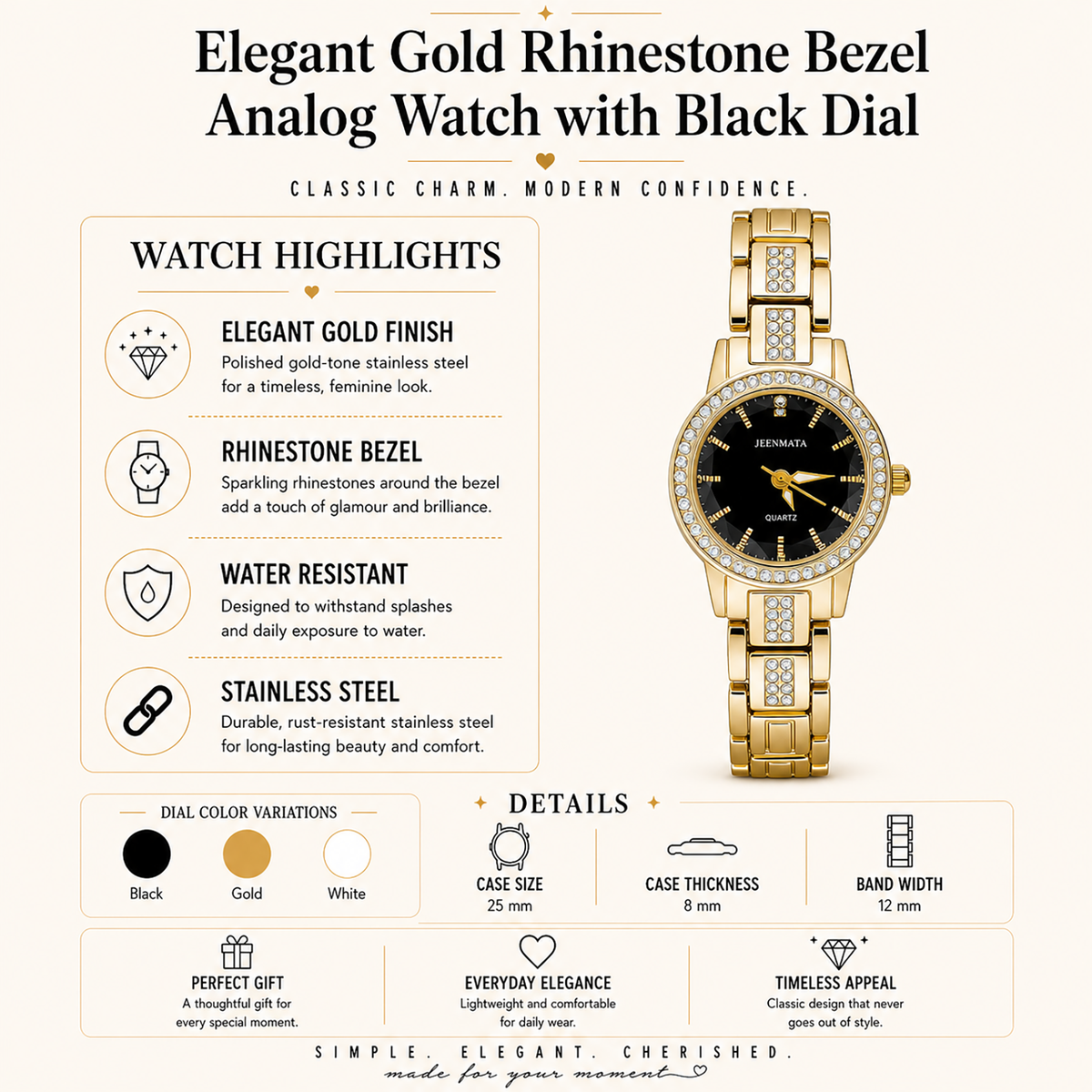 JeenMata Women's Gold & Black Dress Watch - Rhinestone Accent Bezel & Band, Black Dial, Water Resistant Stainless Steel Watch