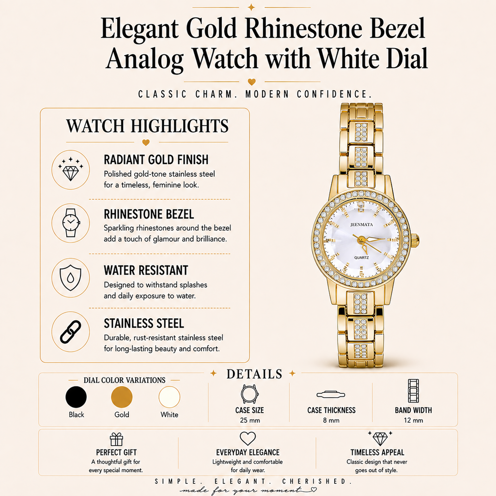 JeenMata Women's Gold & White Iced Watch - Crystal Bezel & Gold Link Strap, White Dial, Water Resistant Luxury Wrist Watch