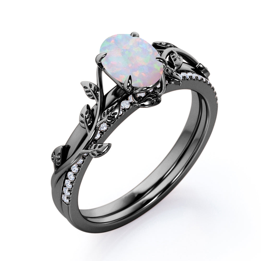 JeenMata Prong Setting 1.5 Carat Ovate Rainbow Opal and Moissanite Leaf Design Wedding Ring Set in 18K Black Gold Plating over Silver