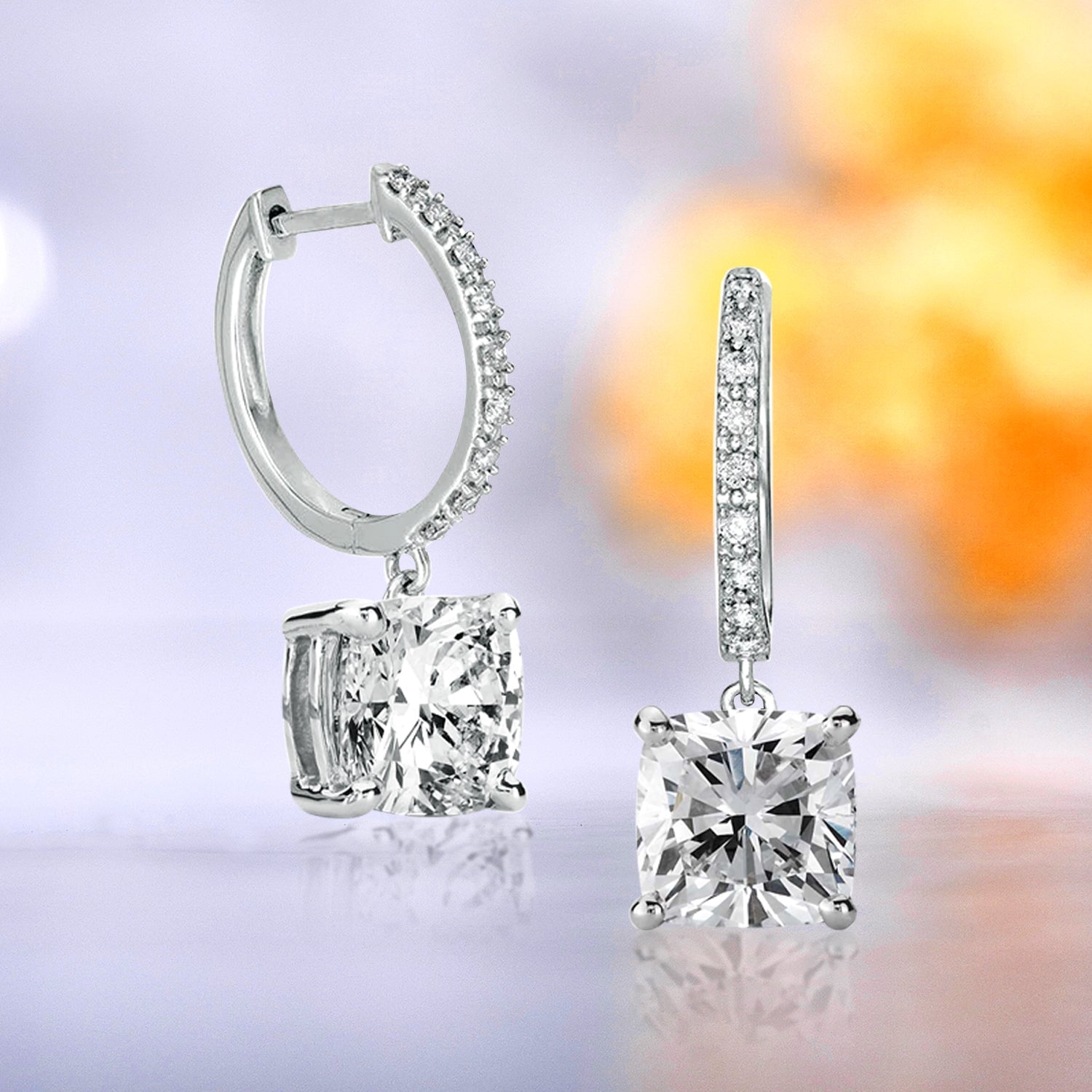 1.75 Carat Cushion Cut Moissanite Hoop Earrings Pave Set with Charm in 18K White Gold over Silver