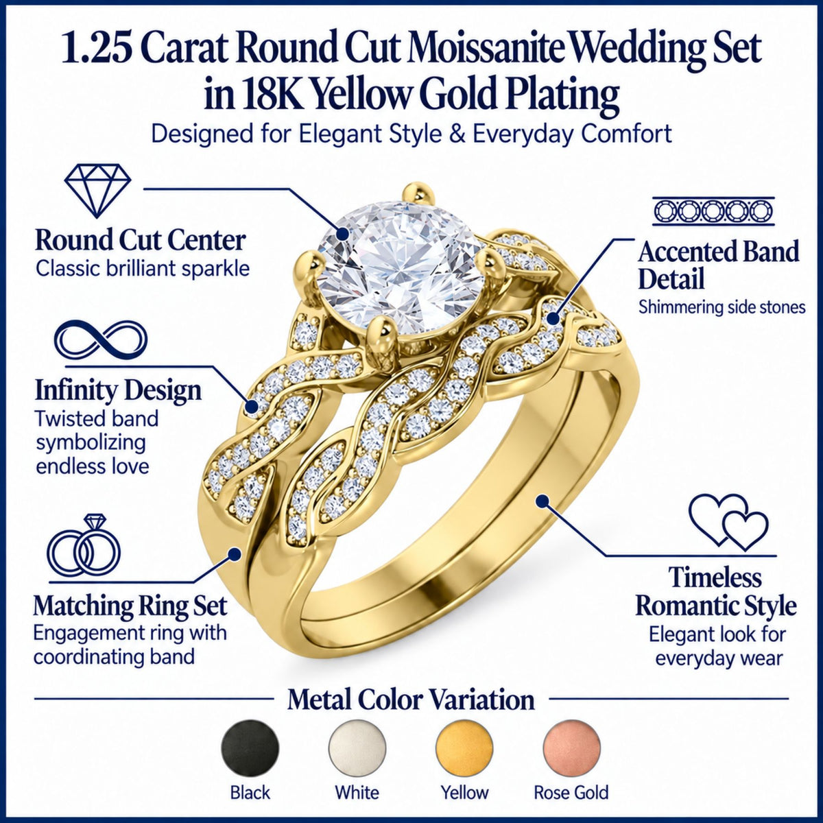 JeenMata 1.25 Carat Round Cut Moissanite Wedding Set - Bridal Set - Infinity Ring - Forever Ring - Promise Ring - 18k Yellow Gold Plated for Women
