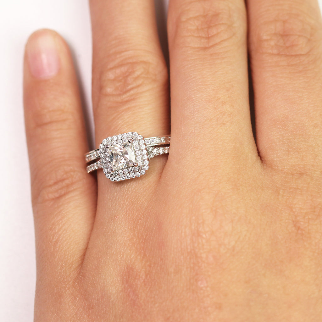 JeenMata 1.75 ct - Square Cut Moissanite - Pave Set - Split Band - Double Halo Engagement Ring - Bridal Set - 18K White Gold Plating for Women