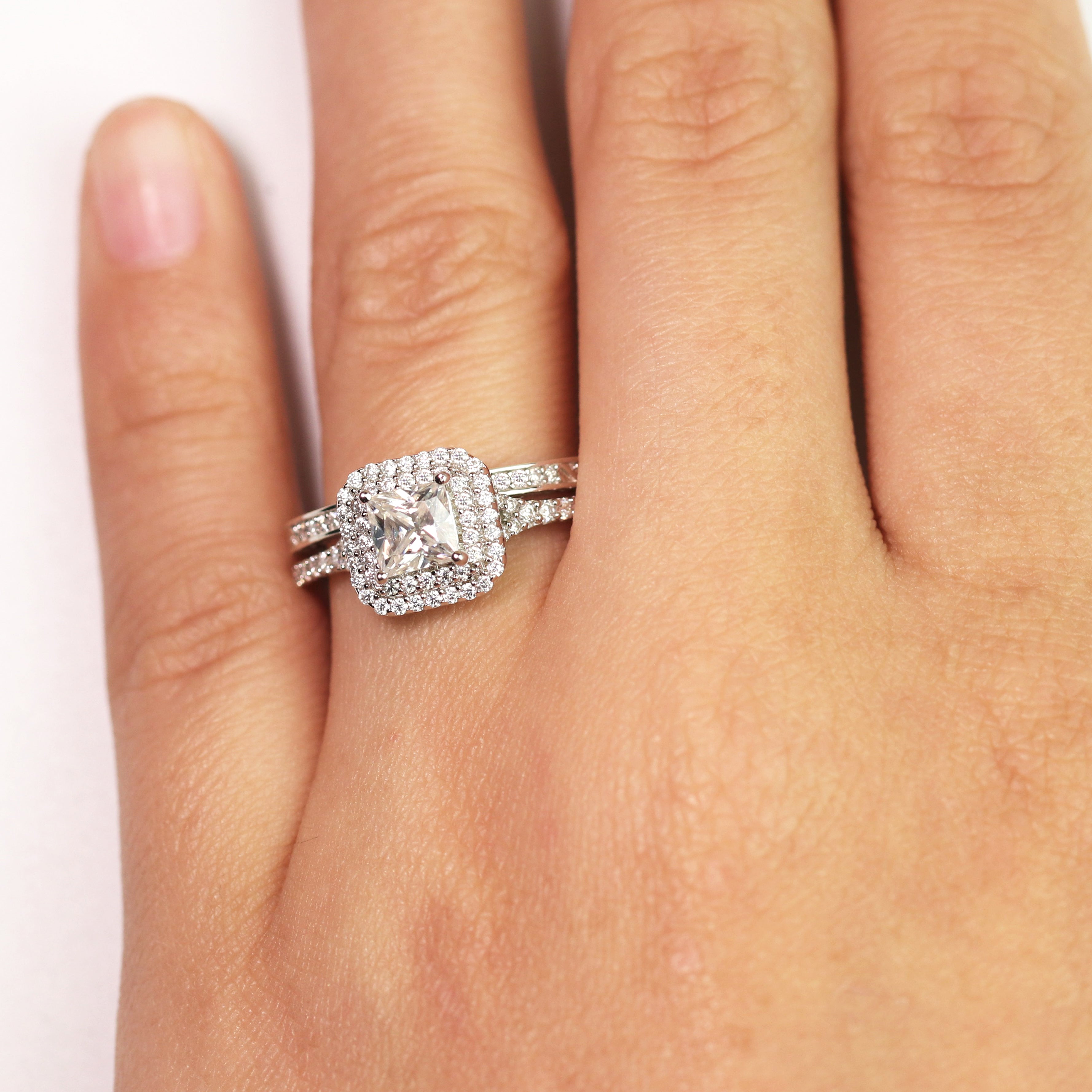 JeenMata 1.75 ct - Square Cut Moissanite - Pave Set - Split Band - Double Halo Engagement Ring - Bridal Set - 18K White Gold Plating for Women