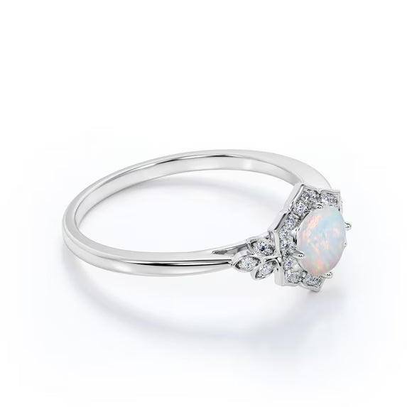 JeenMata 1.75 ct Round Cut Opal and Moissanite Nature Inspired Promise Ring in 18k White Gold over Silver