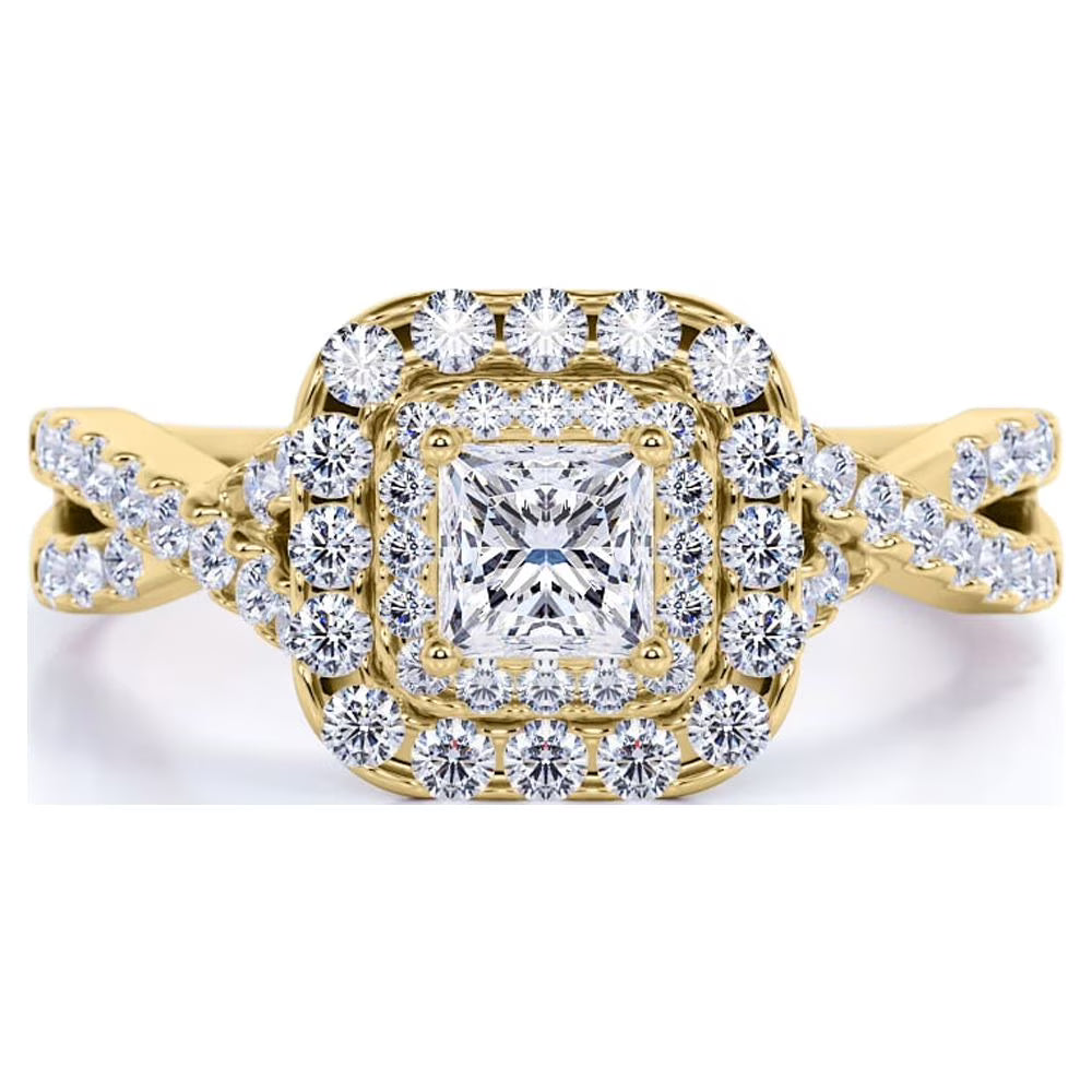 JeenMata Elegant 1 Carat - Square Cut Moissanite - Twisted Band - Pave - Double Halo Engagement Ring - 18K Yellow Gold over Silver