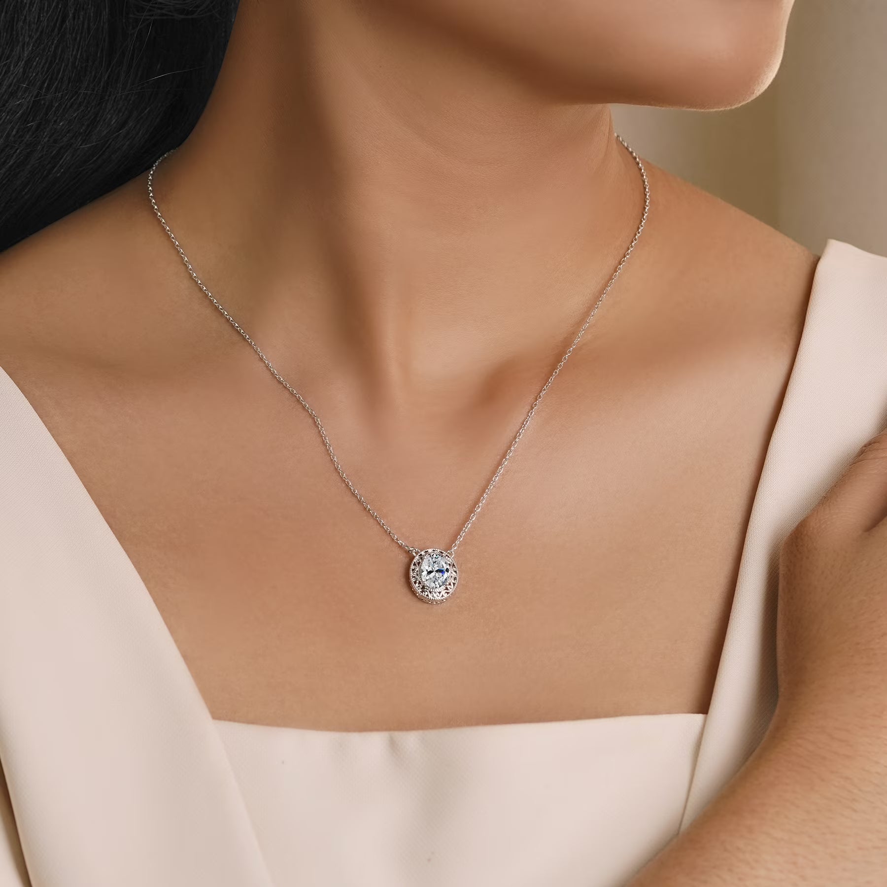 JeenMata 2 Carat Classic Oval Filigree Moissanite Pendant Necklaces - in 18K White Gold Plating Jewelry Necklace for Women
