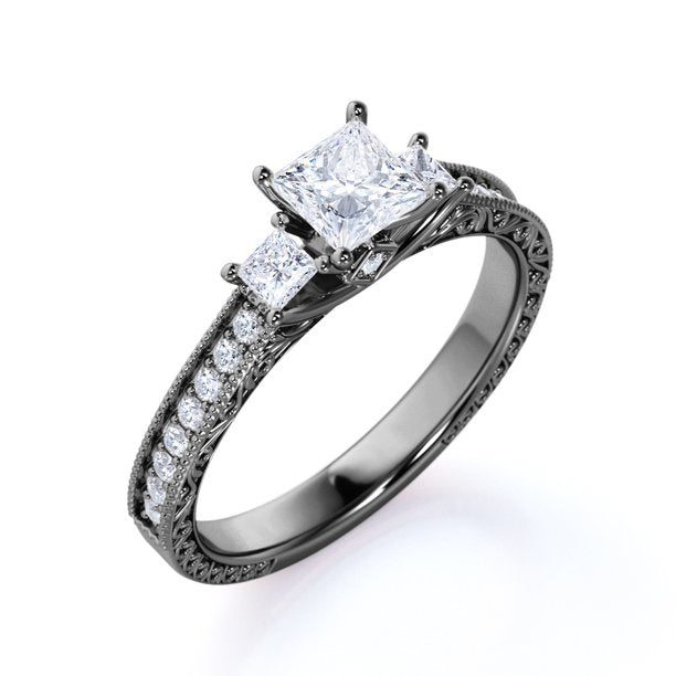 1 ct Princess Cut Moissanite Three Stone Engagement Ring