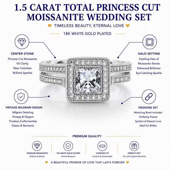 JeenMata 1.5 Carat Princess Cut Moissanite Wedding Set - Bridal Set - Milgrain Ring - Vintage Ring - Halo Ring - 18K White Gold Plating for Women