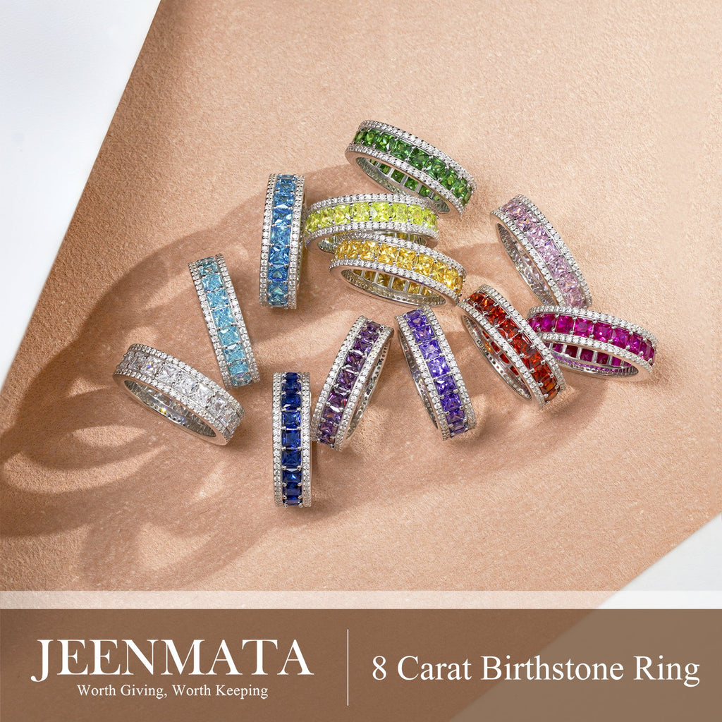 JeenMata 8 Carat Princess Cut - May Birthstone Eternity Ring in 18K White Gold Plating for Women - Stackable Wedding Anniversary Promise Band with Emerald Cubic Zirconia