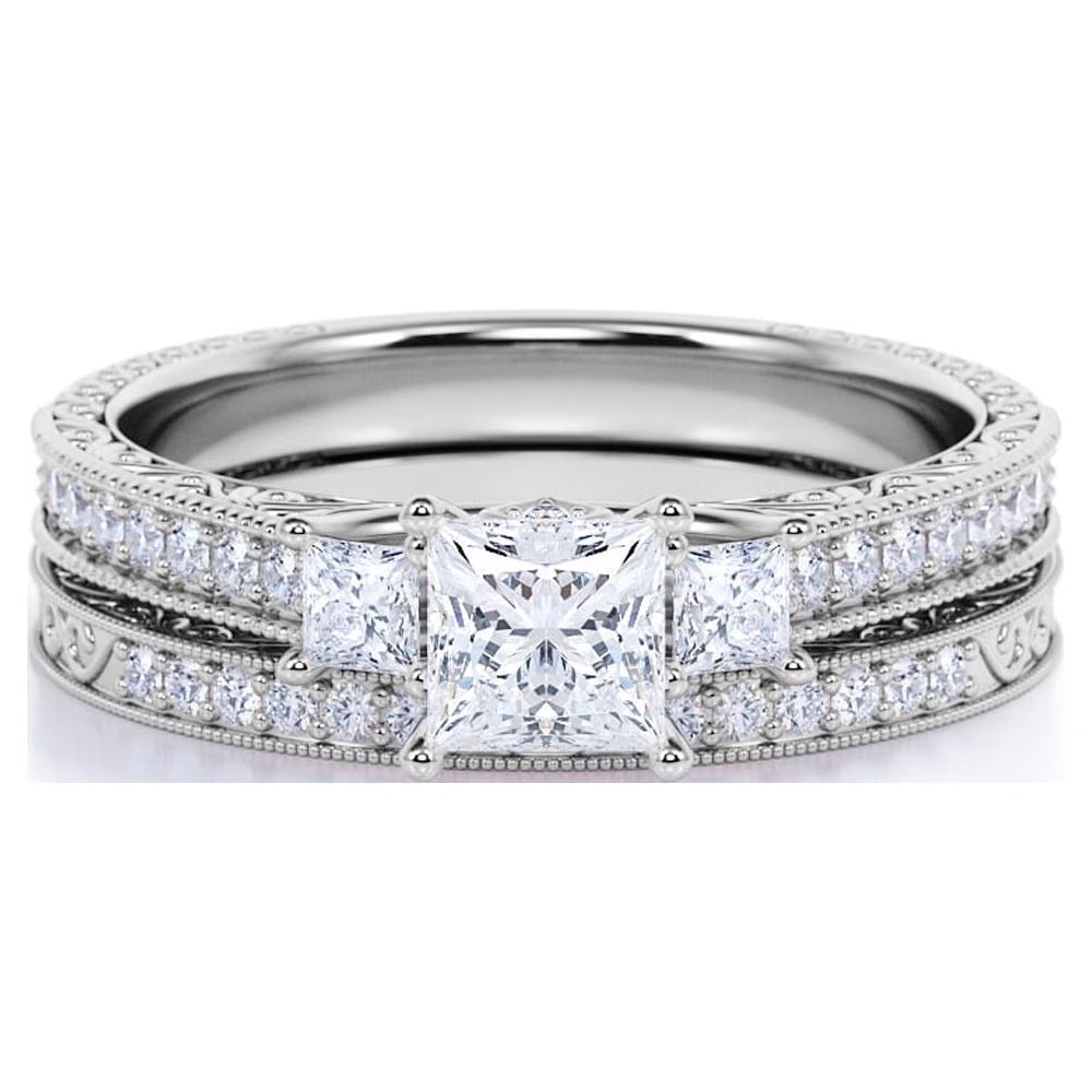 JeenMata 1.25 ct - Princess Cut Moissanite - Pave - Three Stone Ring - Victorian Style - Vintage Wedding Ring Set in 18K White Gold Plating for Women