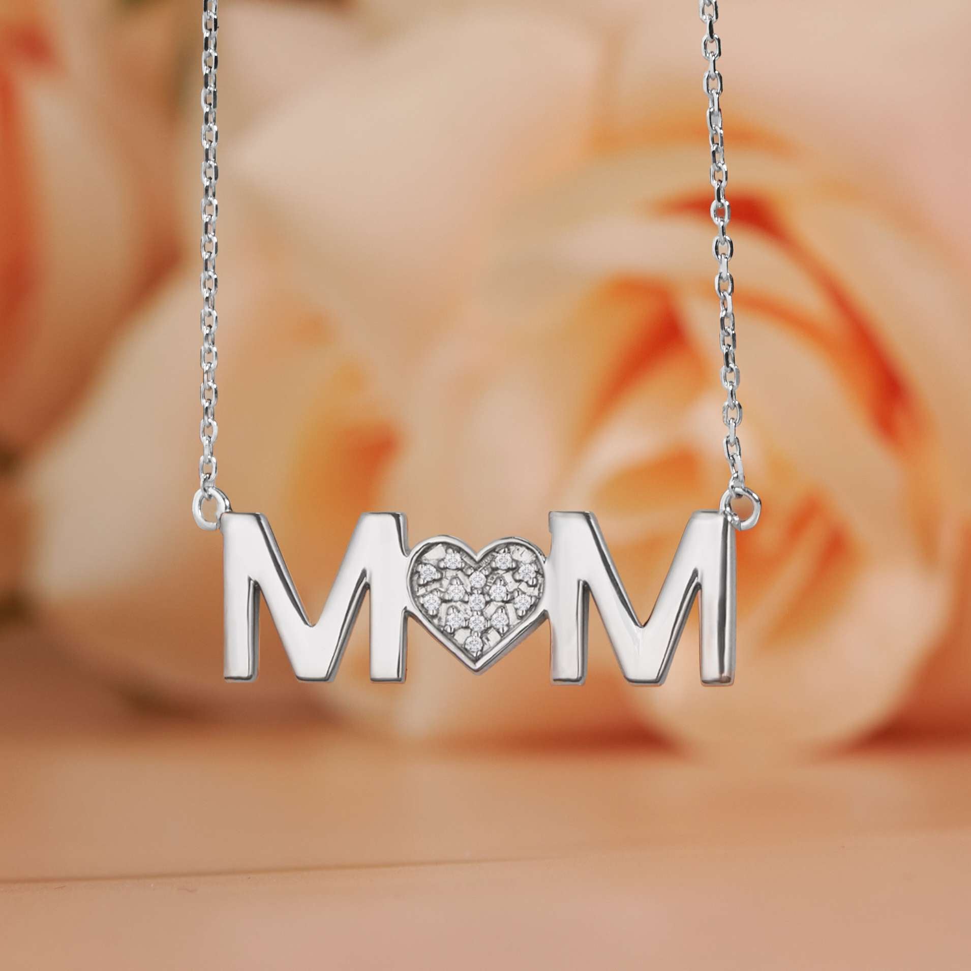 MOM Pendant Necklace - Moissanite Stone - April Birthstone in 18K White Gold over Sterling Silver