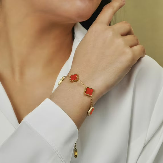 JeenMata Red Flower Link Bracelet in Yellow Gold Plated