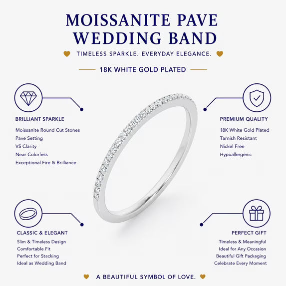JeenMata 0.25 Carat Moissanite Classic Round Cut Pave Accented Wedding Band in 18K Yellow Gold Plating for Women