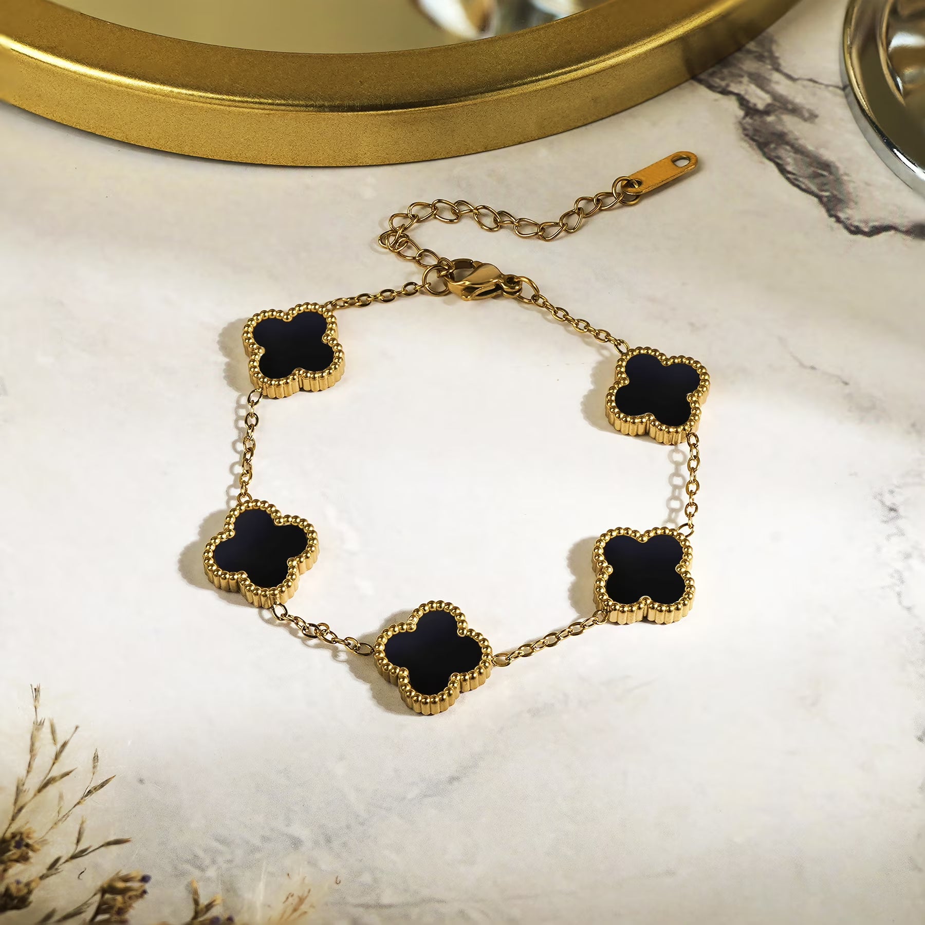 JeenMata Black Flower Link Bracelet in Yellow Gold Plated