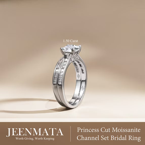 JeenMata 1.50 Carat Princess Cut Moissanite Wedding Set - Bridal Set - Channel Set Ring - Handmade Ring - 18k White Gold Plated for Women