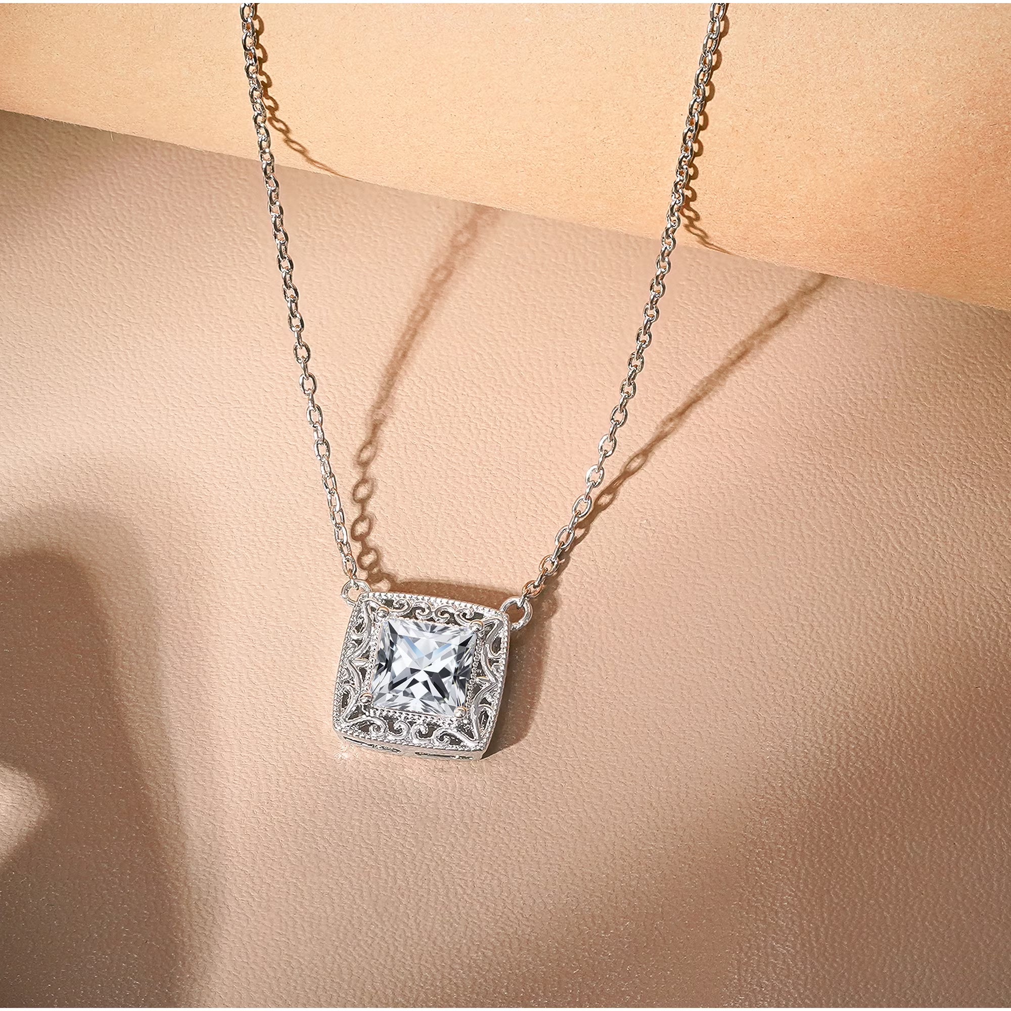 JeenMata 2 Carat Art Deco-Inspired Princess Cut Moissanite Pendant Necklaces- in 18K White Gold Plating Jewelry Necklace for Women