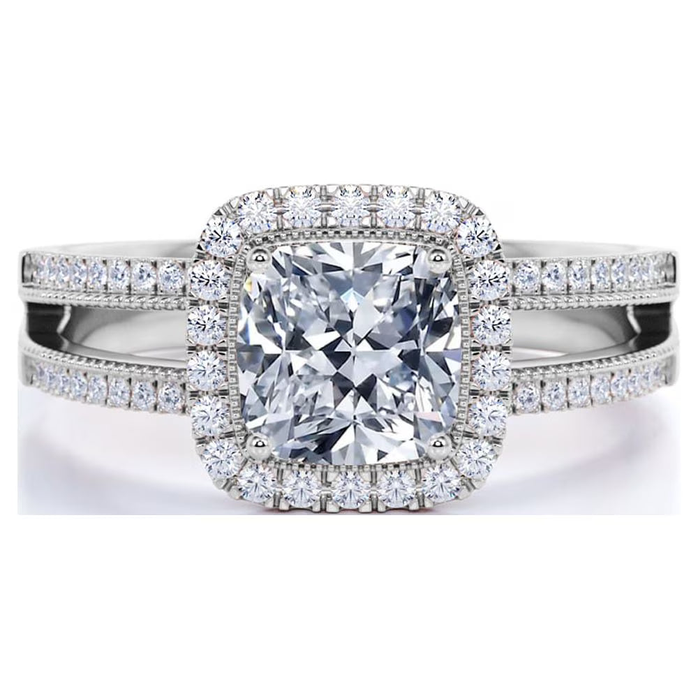 JeenMata 0.63 ct Cushion Cut Lab Grown Diamond - Vintage Style - Engagement Ring - Split Shank - Halo Ring - 10K White Gold