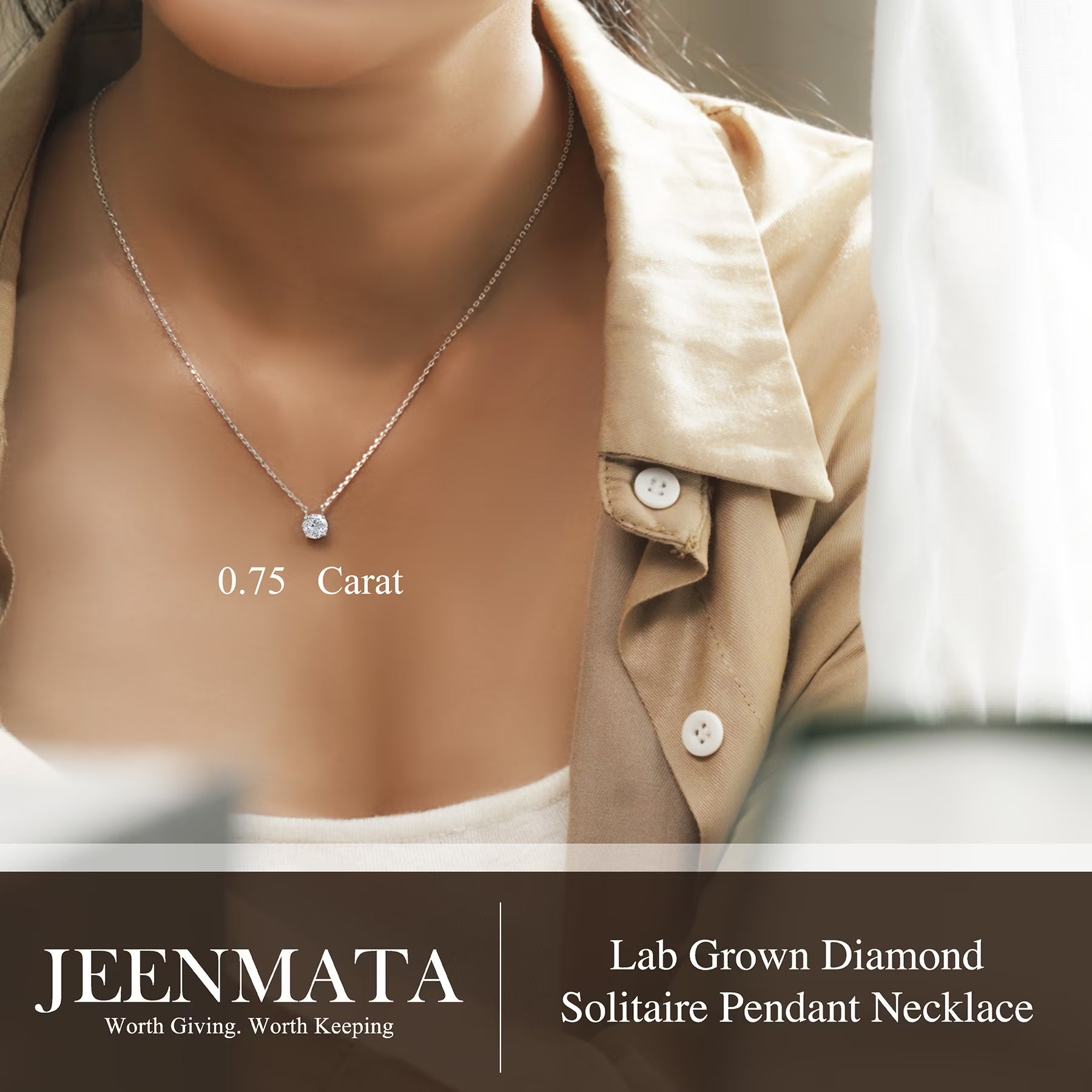 JeenMata Lab Grown Diamond 0.75 Carat Round Cut Classic Solitaire Pendant Necklace - in 18K White Gold Plating for Women