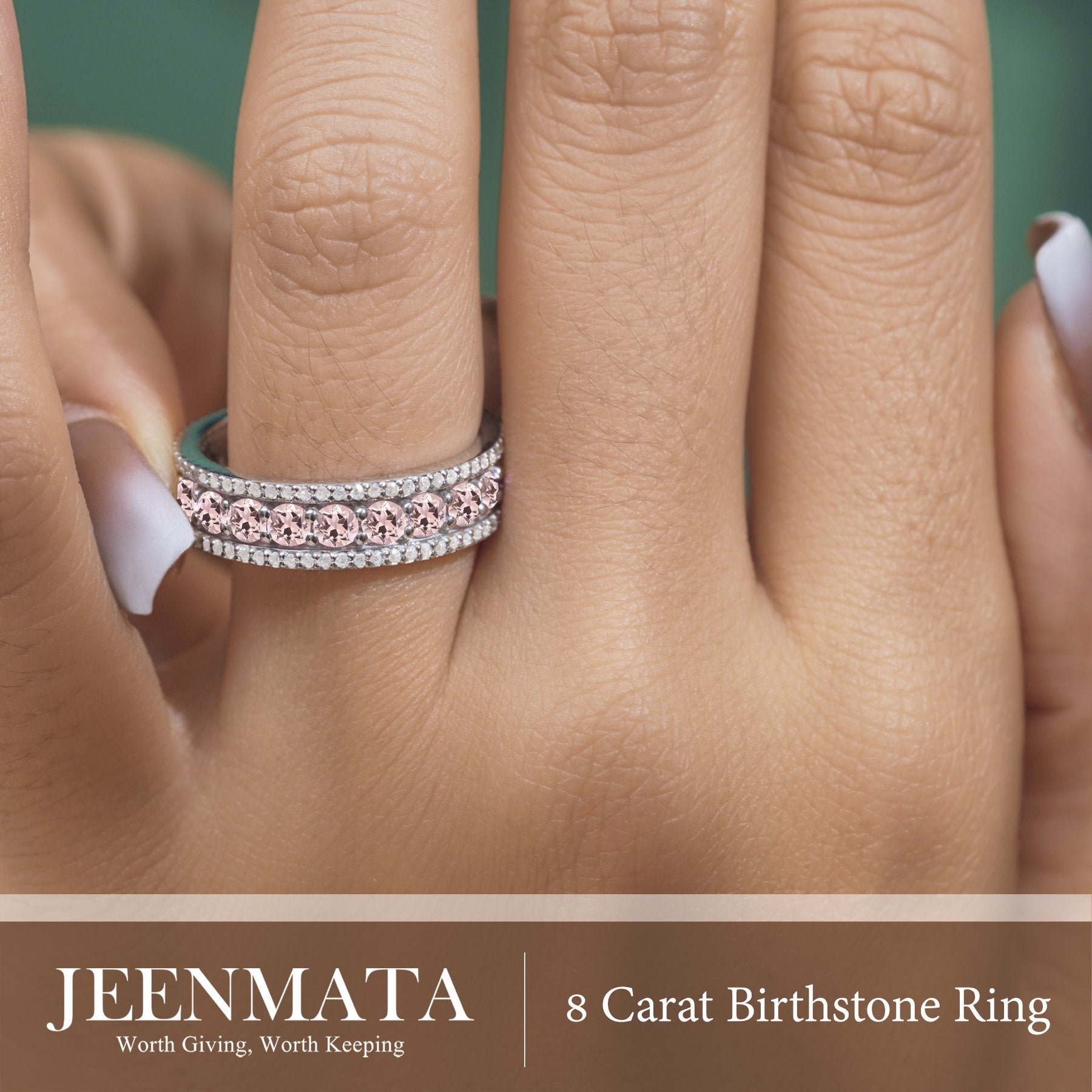 JeenMata 8 Carat Round Cut - October Birthstone Eternity Band Ring - Pink Tourmaline Cubic Zirconia Halo Anniversary Wedding Band in 18K White Gold Plating for Women