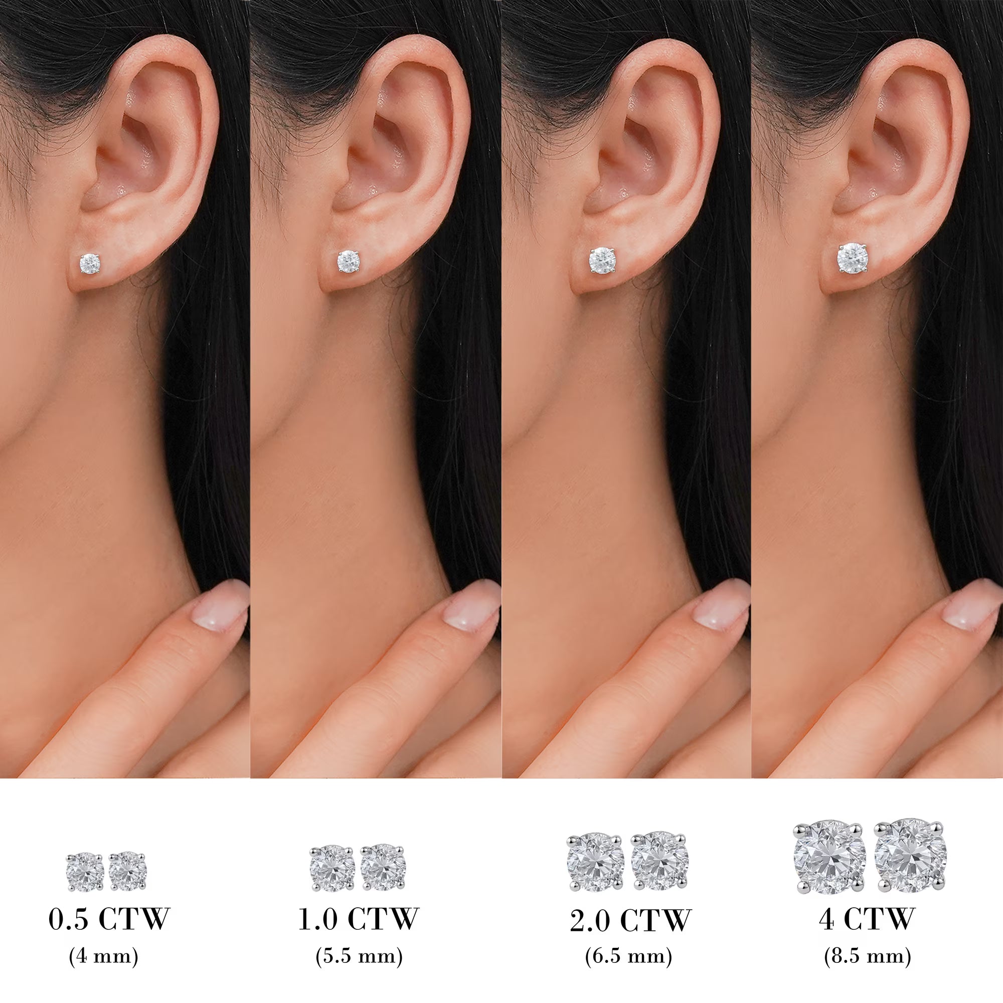JeenMata 4 Prong 2 Carat Round Shaped Moissanite Solitaire Stud Earrings in 18k White Gold Plating for Women