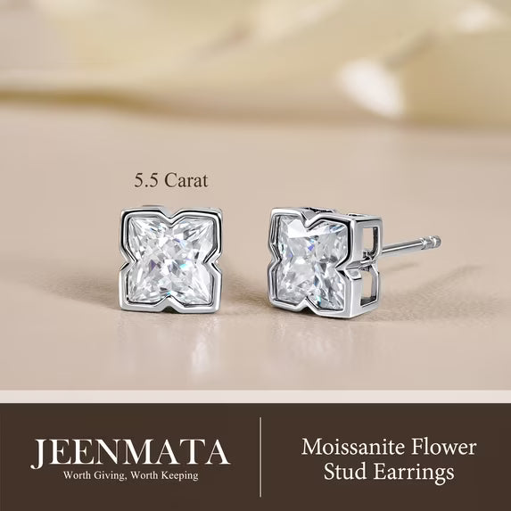 JeenMata 5.5 Carat Moissanite Flower Stud Earrings - 18K White Gold Plating for Women