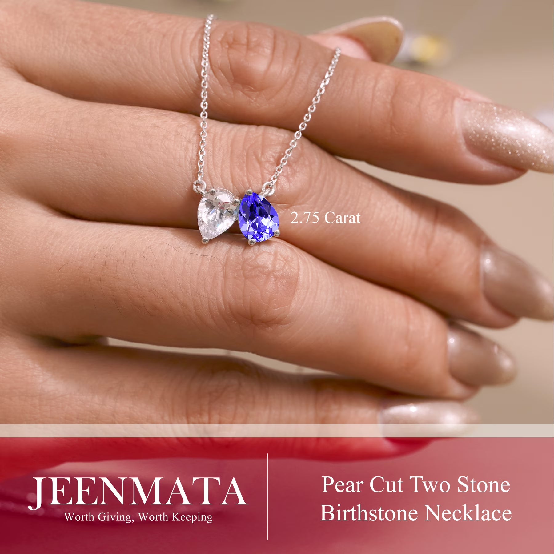 JeenMata 2.75 Carat June Birthstone Necklace - Pear Cut Two Stone Alexandrite & Cubic Zirconia Necklaces in 18K White Gold Plating Gift for Women, Mother, Her