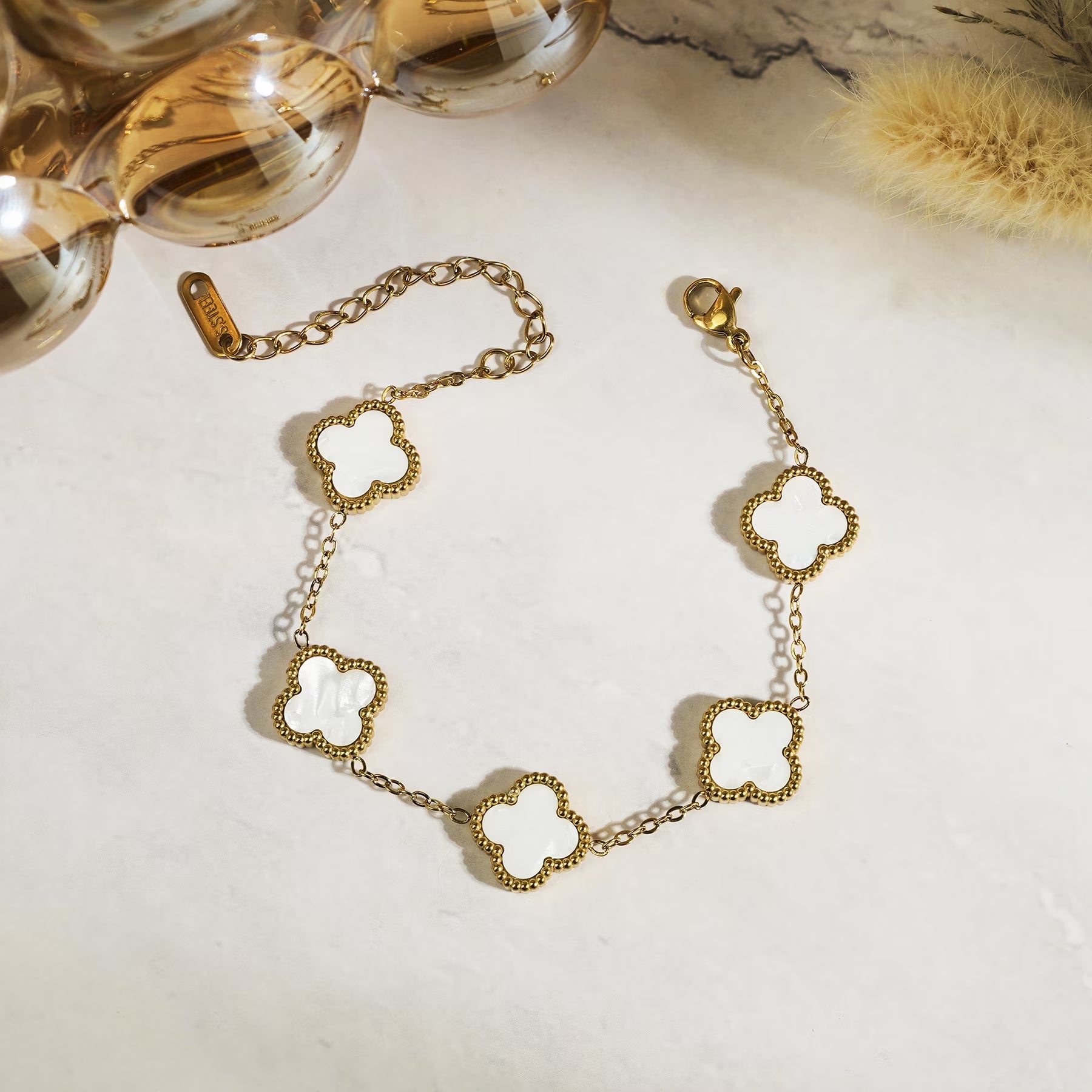 JeenMata White Flower Link Bracelet in Yellow Gold Plated