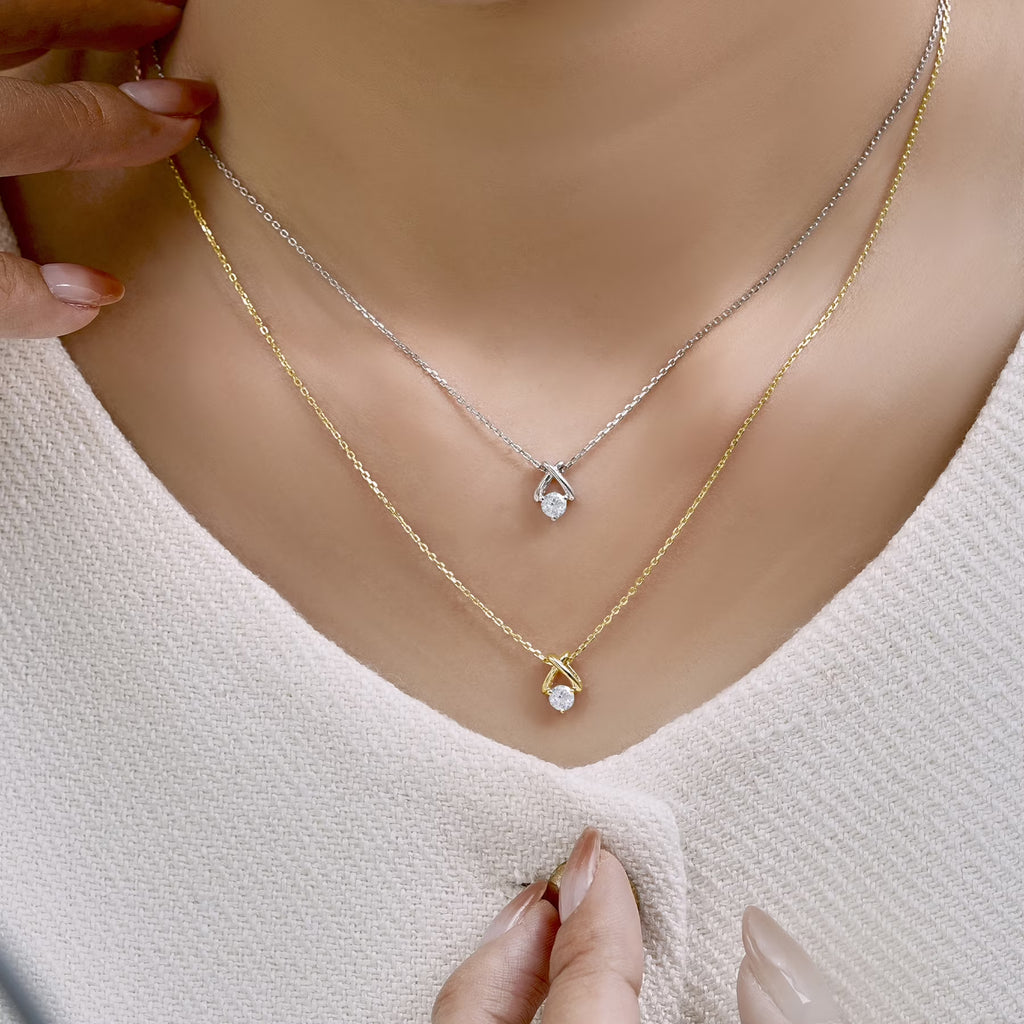 JeenMata X-Shaped Round Cut Lab Grown Diamond Pendant Necklace in 18K Yellow Gold Plating for Women