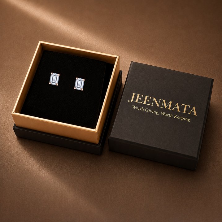 JeenMata 1 Carat Emerald Solitaire Moissanite Stud Earrings for Women, Earrings for Men, 18K Rose Gold Plated, Hypoallergenic Earrings, D VS1, Stud Earring for Woman, Jewelry, Gift, Earrings