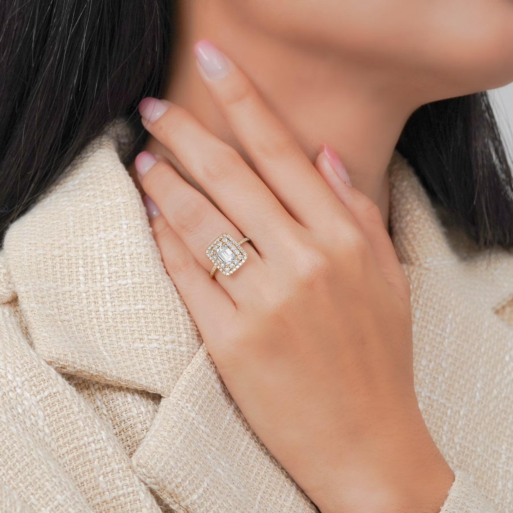 JeenMata 1.5 Carat Emerald Cut Moissanite Engagement Ring - Bridal Ring - Double Halo Ring - Cluster Ring - 18k Yellow Gold Plating for Women