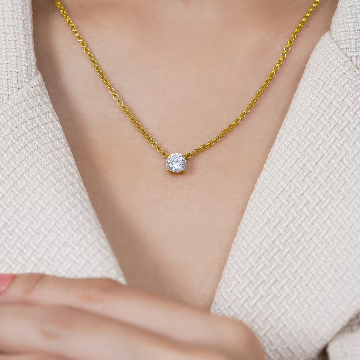 JeenMata 1 Carat Moissanite - April Birthstone Solitaire Pendant Necklace in 18K Yellow Gold over Silver, Female, Adult