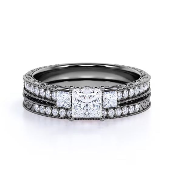 JeenMata 1.25 ct - Princess Cut Moissanite - Pave - Three Stone Ring - Victorian Style - Vintage Gothic Wedding Ring Set in 18K Black Gold Plating for Women