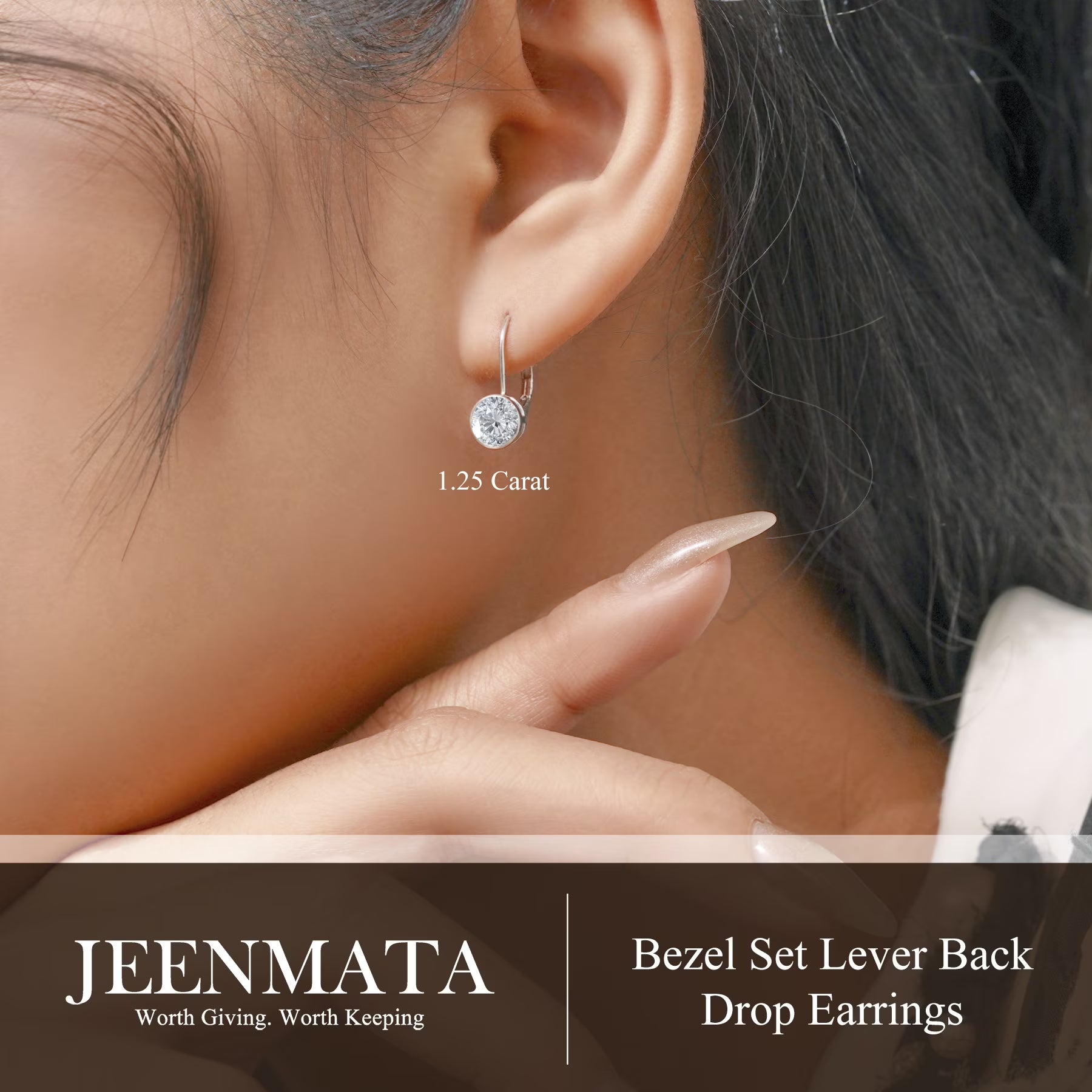 JeenMata 1.25 Carat Lab Grown Diamond Bezel Set Leverback Drop Earring - in 18K White Gold Plating Earrings for Women, Gift for Girlfriend, Mother, Her