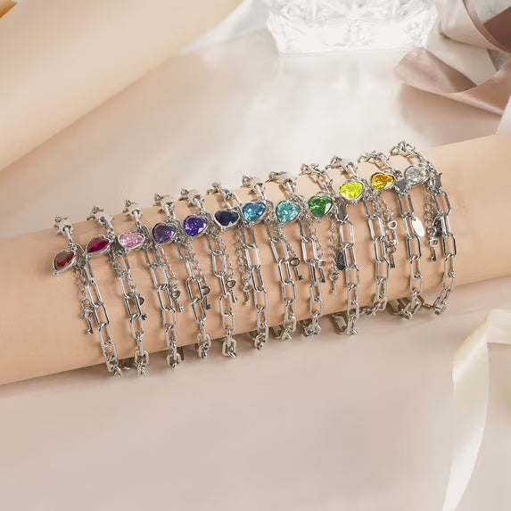 JeenMata 3 Carat January Heart & Key Charm Birthstone Bracelet - 18K White Gold Plating for Women