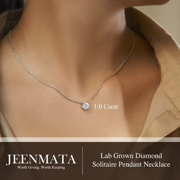 JeenMata Lab Grown Diamond 1 Carat Round Cut Classic Solitaire Pendant Necklace - in 18K White Gold Plating for Women