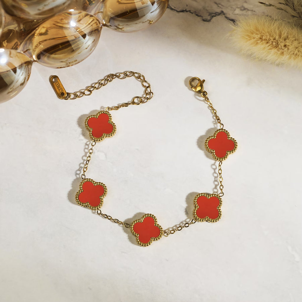 JeenMata Red Flower Link Bracelet in Yellow Gold Plated