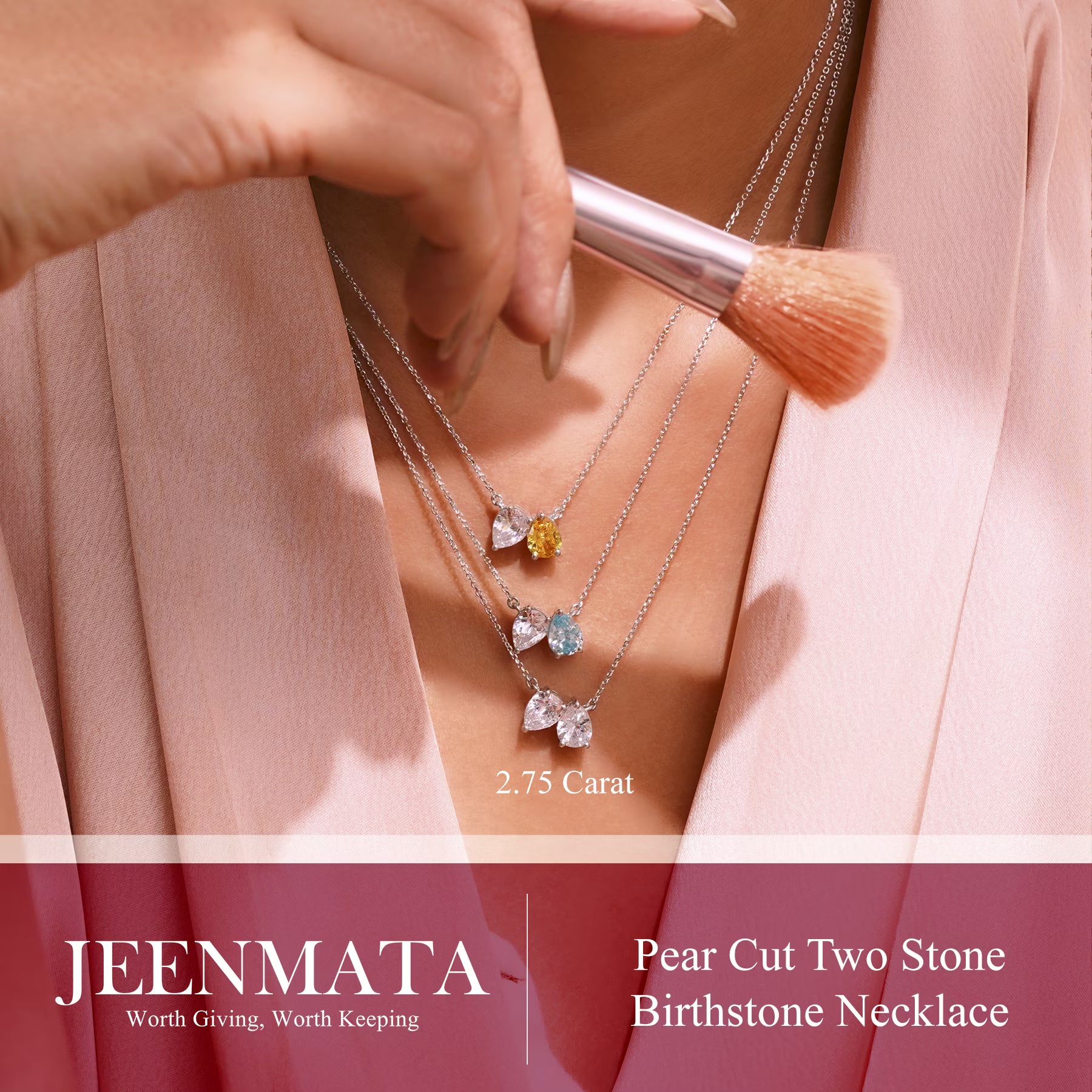 JeenMata 2.75 Carat March Birthstone Necklace - Pear Cut Two Stone Aquamarine & Cubic Zirconia Necklaces in 18K White Gold Plating Gift for Women, Mother, Her