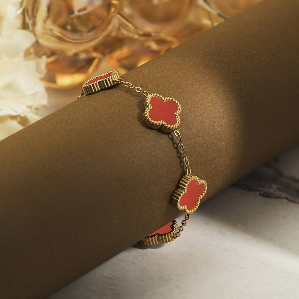 JeenMata Red Flower Link Bracelet in Yellow Gold Plated